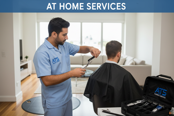 hair cutting ki image bana kr do gis ma banda customer ka hair cutting kr raha ha uniform pahni ha or os pr ats technial services likha ha image pr at home services likh dana