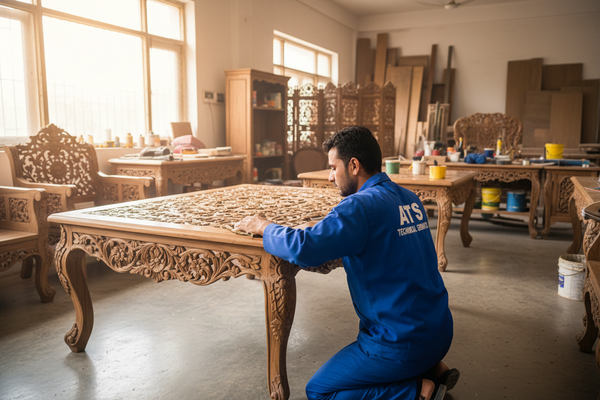 moja ak image bana kr do jis ma banda furniture polish or design kr raha ho or furniture pakistani ho or uniform pahni ho or os pr ats technical services lkha ho