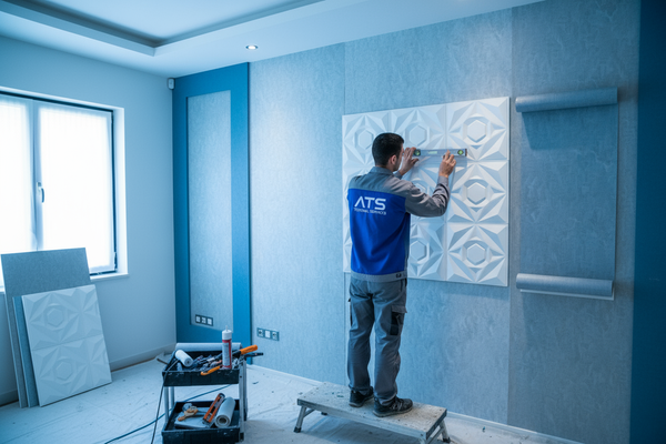 moja ak image do wallpaper and 3d panels jo diwaro pr lagta ha ak banda wo laga raha ho or uniform pahni ho or os pr ats technical services likha ho