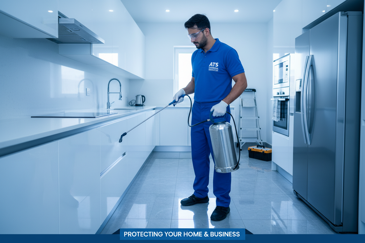 moja ak pest control ki image bana kr do jis ma banda pest control ka kam kr raha ho or uniform pahni ho or os pr ats technical services likha ho