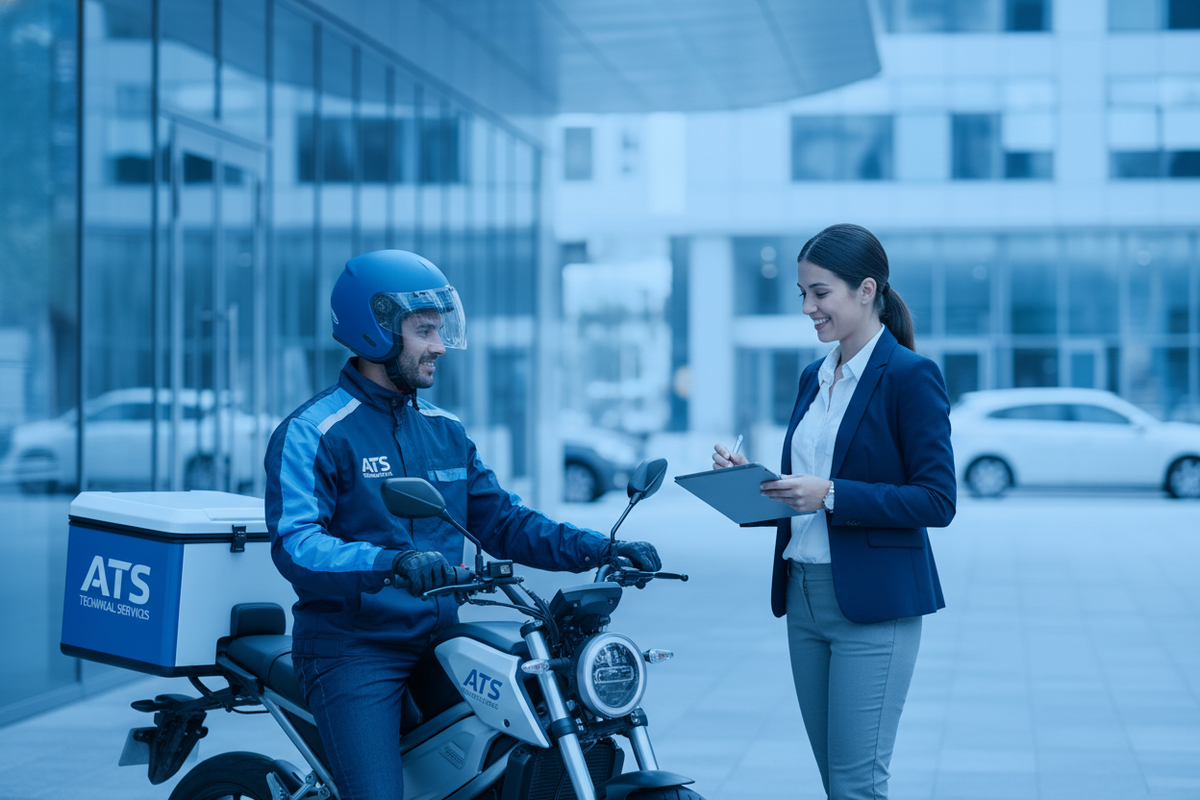 moja image bana kr do jis ma bike rider ho jo customer ko pick and drop kr raha ho or uniform pahni hi ats technical services likha ho size 1248 × 832px ho