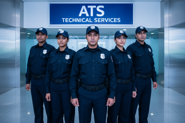 security guard ki services ki image bana kr do jis ma security card ki team ho or uniform pahni ho or ats technical servcies likha ho